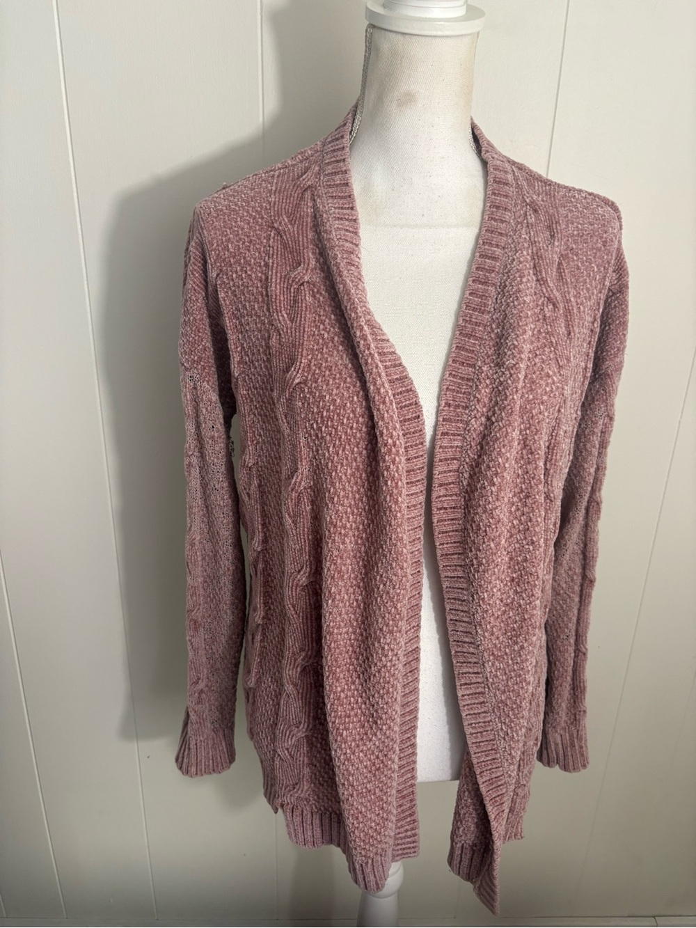 Pink Rose Dusty Rose Cable Chenille Open Cardigan